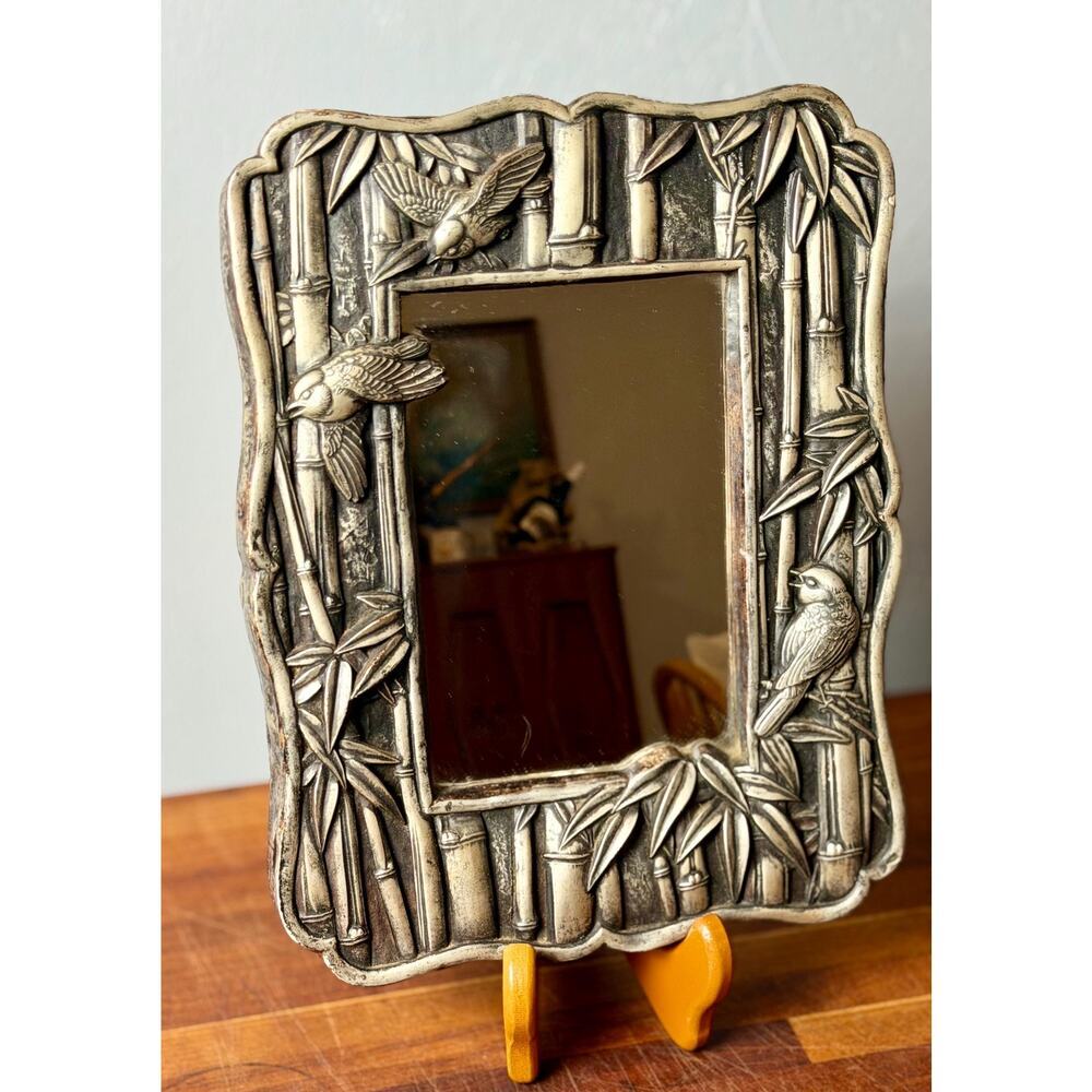 Vintage Chinoiserie Bamboo Bird Mirror | Silver Tone Hollywood Regency - Picture 8 of 16